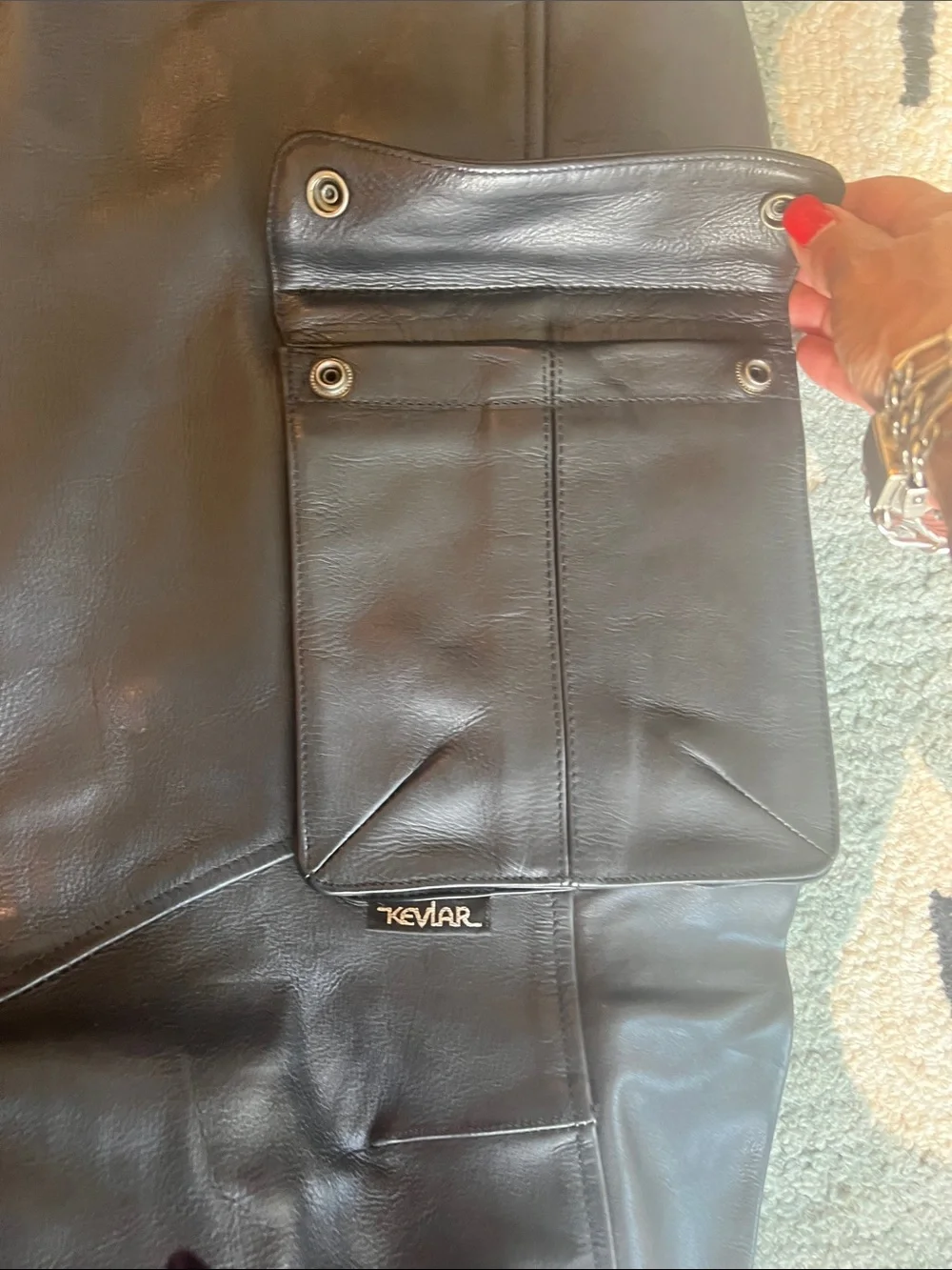 Black Leather Cargo Pants with Ribbed Waist and Belt Detail